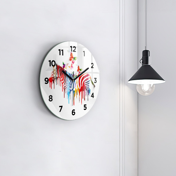 Round glass wall clock Colorful zebra