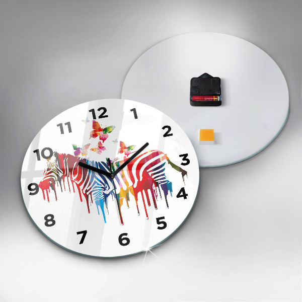 Round glass wall clock Colorful zebra