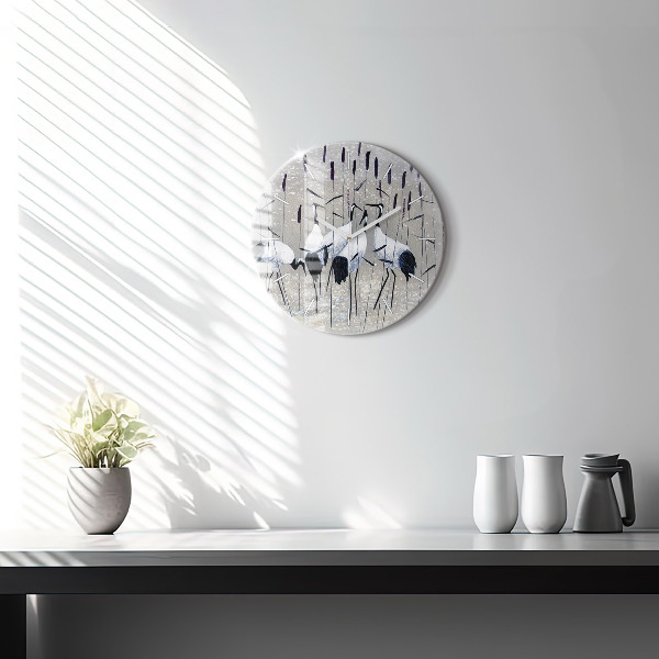 Round glass wall clock Cranes in the reeds