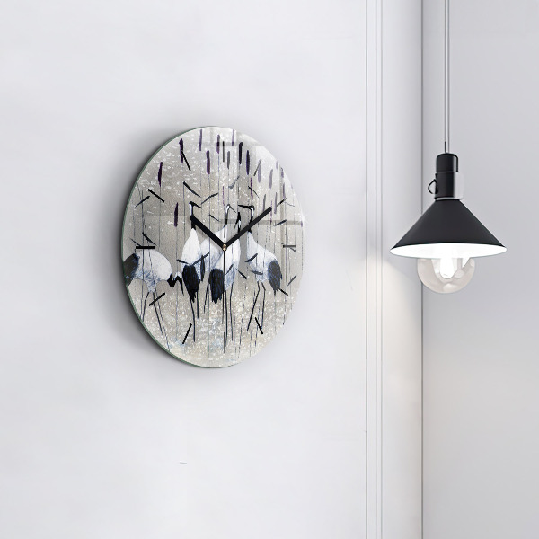 Round glass wall clock Cranes in the reeds