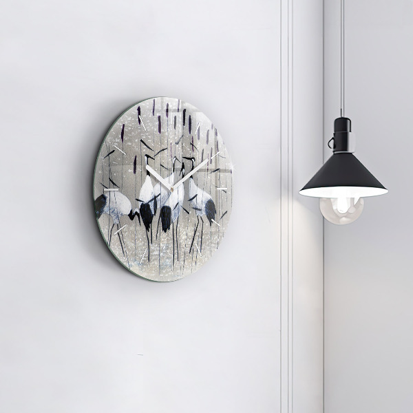 Round glass wall clock Cranes in the reeds