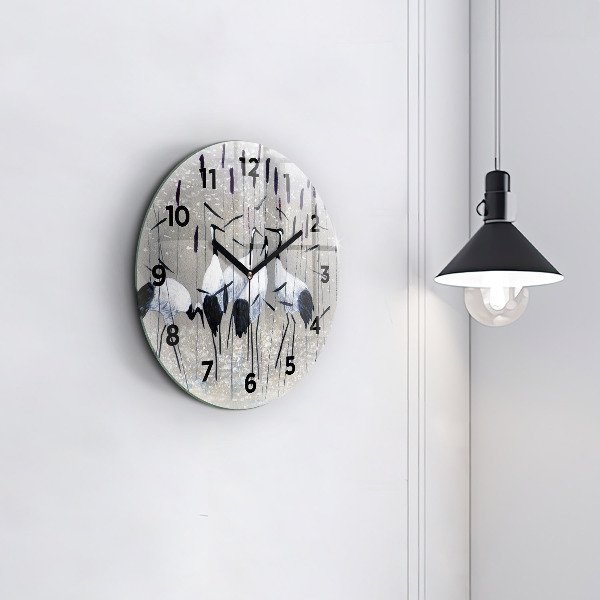 Round glass wall clock Cranes in the reeds