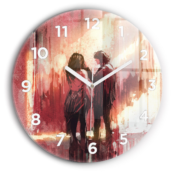 Round glass wall clock Young couple in love