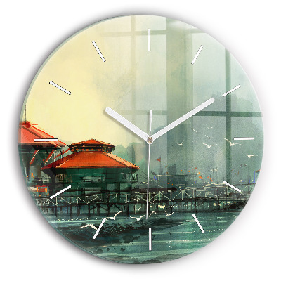Round glass wall clock Fishing village
