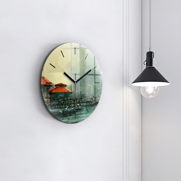 Round glass wall clock Fishing village