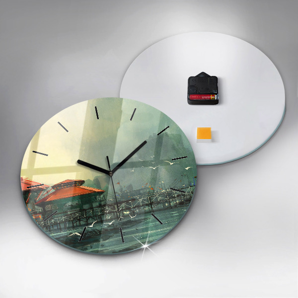Round glass wall clock Fishing village
