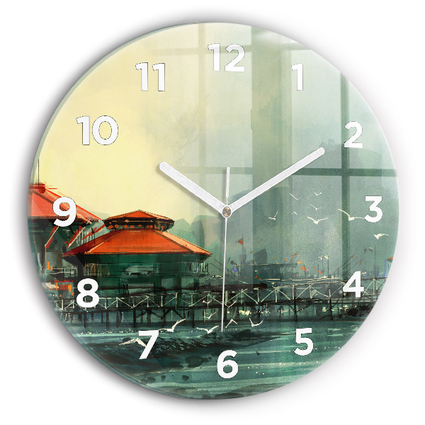 Round glass wall clock Fishing village
