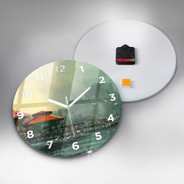 Round glass wall clock Fishing village