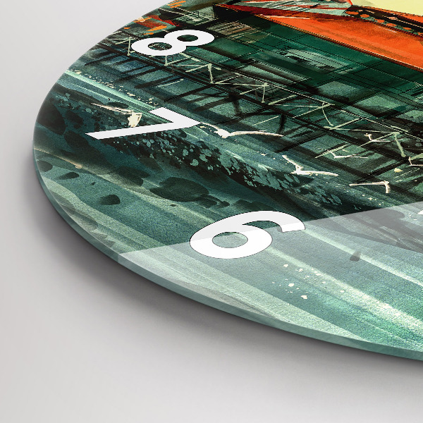 Round glass wall clock Fishing village