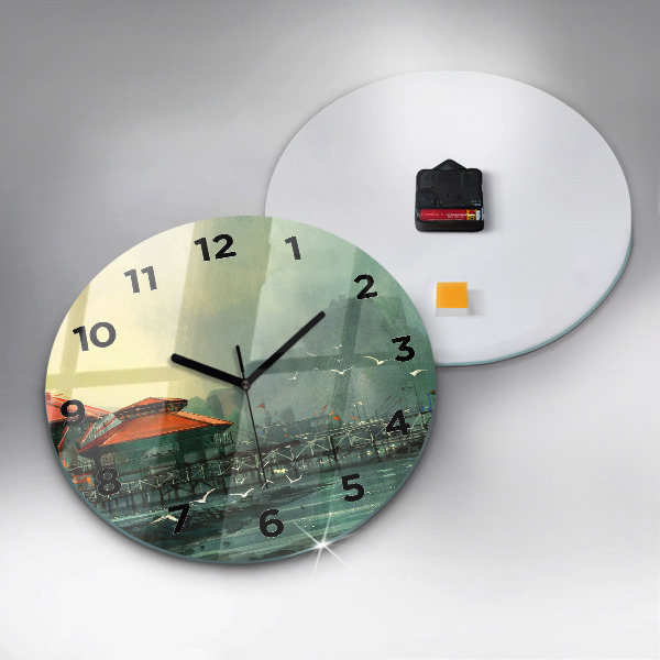 Round glass wall clock Fishing village