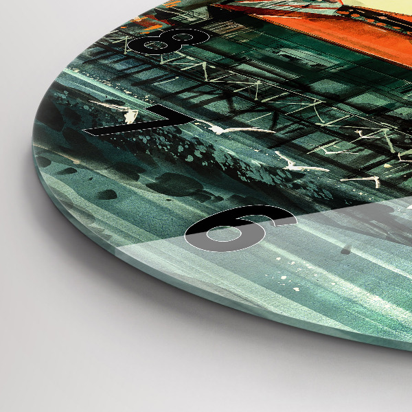 Round glass wall clock Fishing village