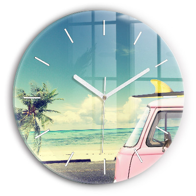 Round glass wall clock Car with surfboard