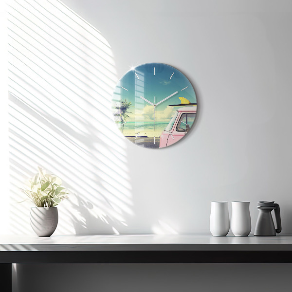 Round glass wall clock Car with surfboard