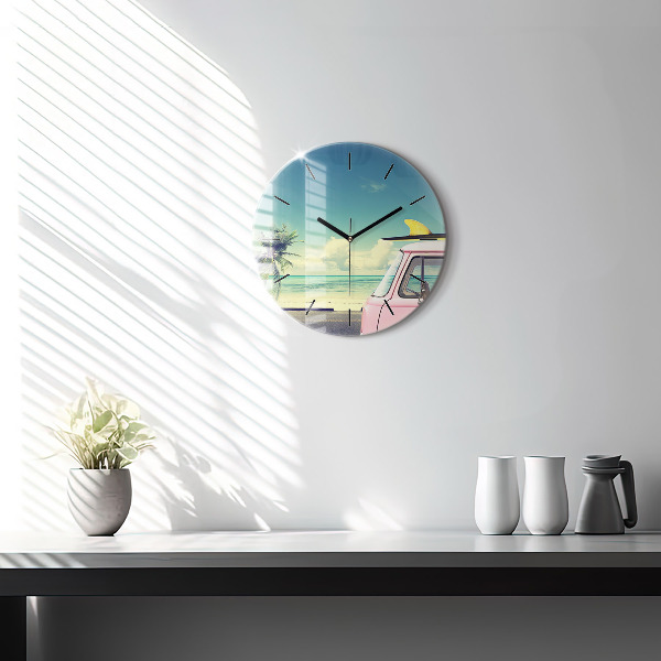 Round glass wall clock Car with surfboard
