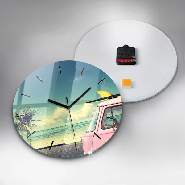 Round glass wall clock Car with surfboard