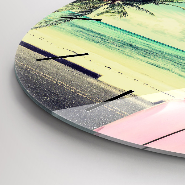 Round glass wall clock Car with surfboard