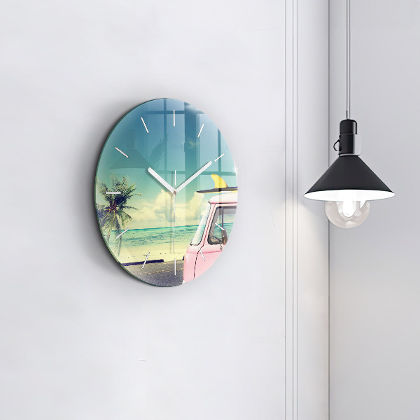 Round glass wall clock Car with surfboard