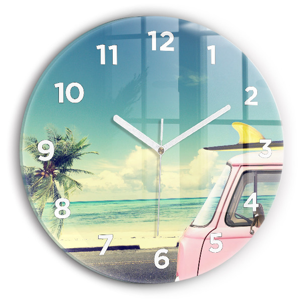 Round glass wall clock Car with surfboard