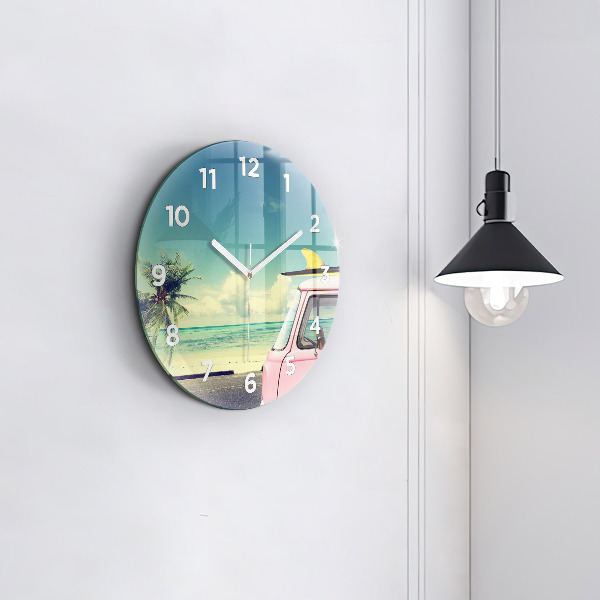 Round glass wall clock Car with surfboard