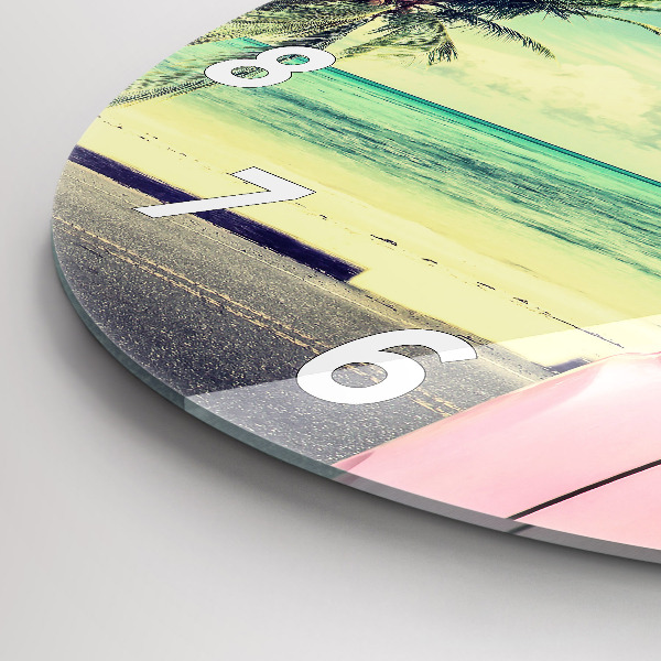 Round glass wall clock Car with surfboard
