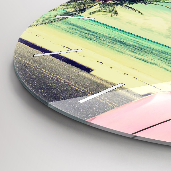 Round glass wall clock Car with surfboard