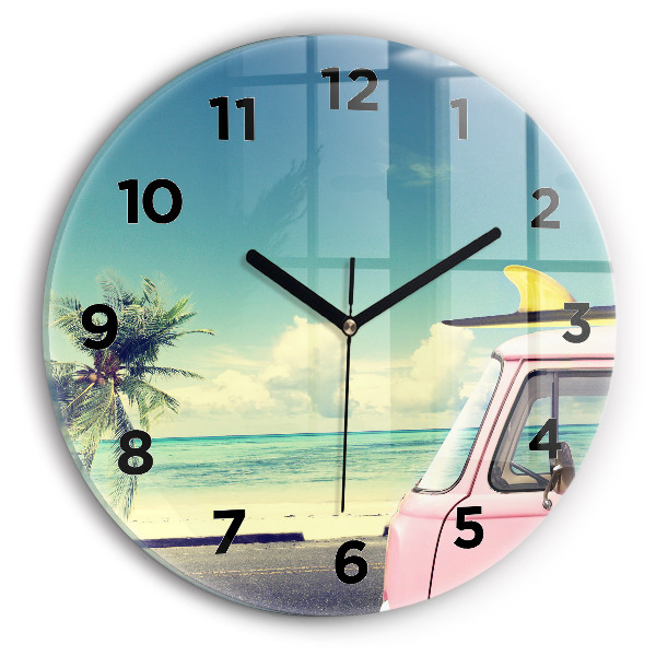 Round glass wall clock Car with surfboard