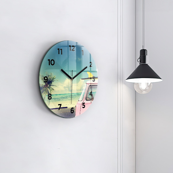 Round glass wall clock Car with surfboard