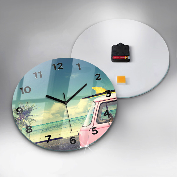 Round glass wall clock Car with surfboard