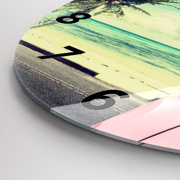 Round glass wall clock Car with surfboard