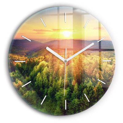 Round glass wall clock Sunset over the hills