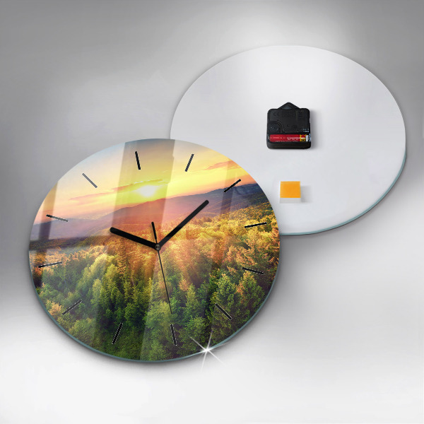 Round glass wall clock Sunset over the hills