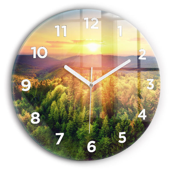 Round glass wall clock Sunset over the hills