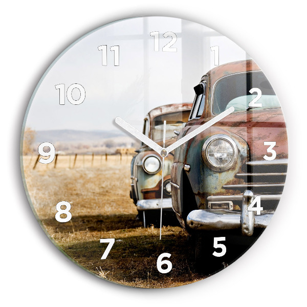Round glass wall clock Old cars