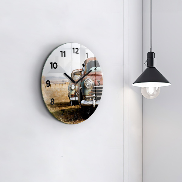 Round glass wall clock Old cars