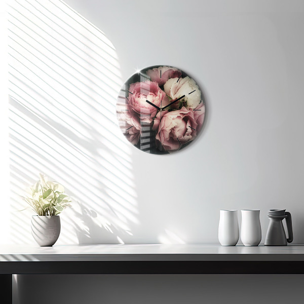 Round glass wall clock Bouquet of pink roses