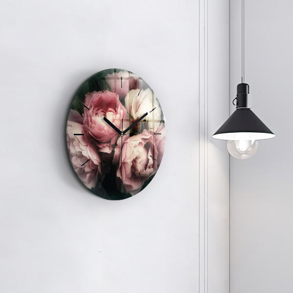 Round glass wall clock Bouquet of pink roses