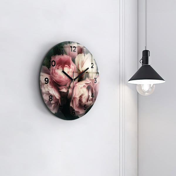Round glass wall clock Bouquet of pink roses