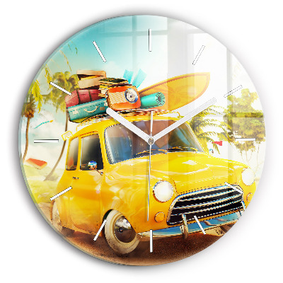 Round glass wall clock Car with surfboard