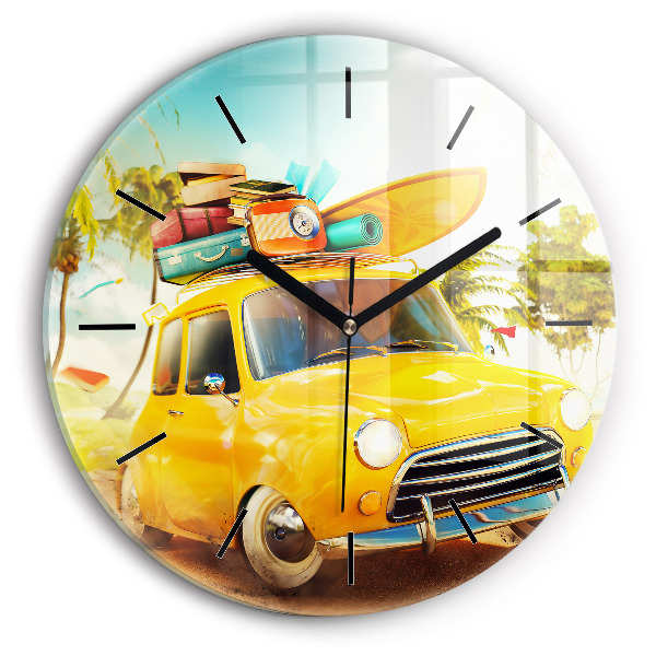 Round glass wall clock Car with surfboard