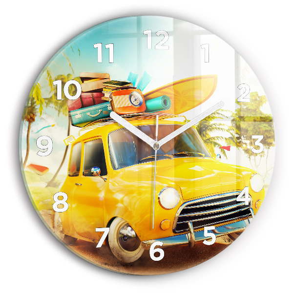 Round glass wall clock Car with surfboard