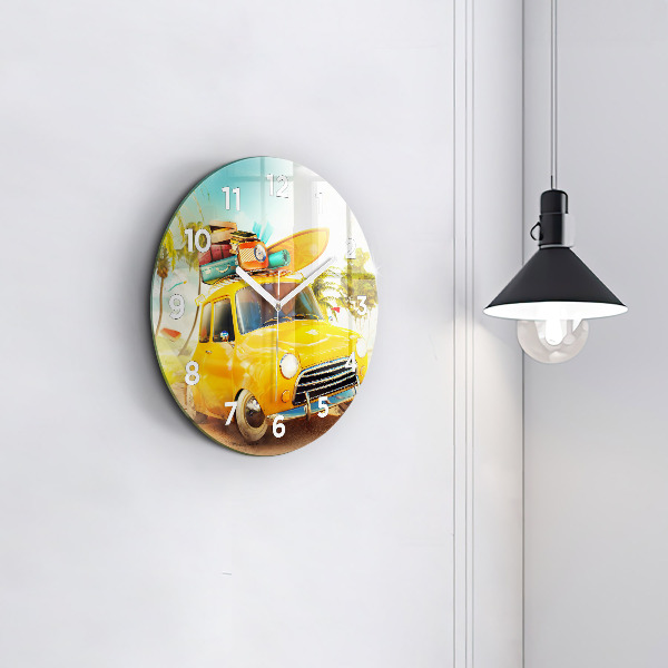 Round glass wall clock Car with surfboard