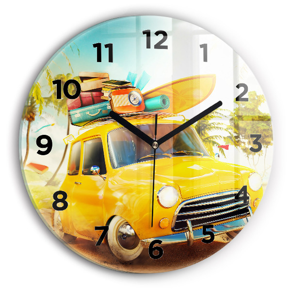 Round glass wall clock Car with surfboard
