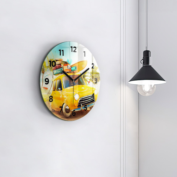 Round glass wall clock Car with surfboard