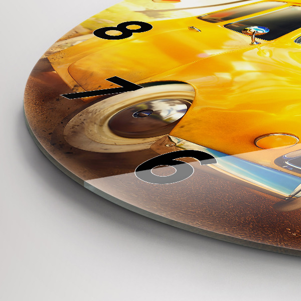 Round glass wall clock Car with surfboard