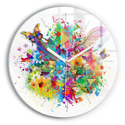 Round glass wall clock Floral harmony with butterflies