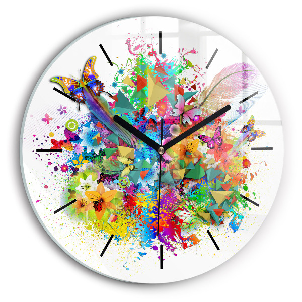 Round glass wall clock Floral harmony with butterflies