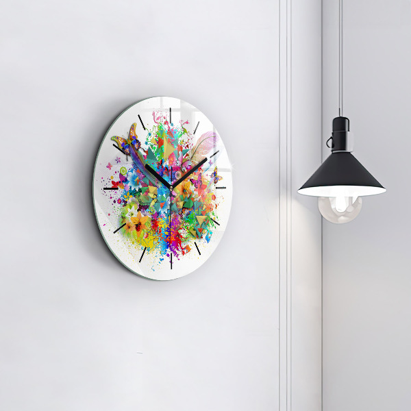 Round glass wall clock Floral harmony with butterflies