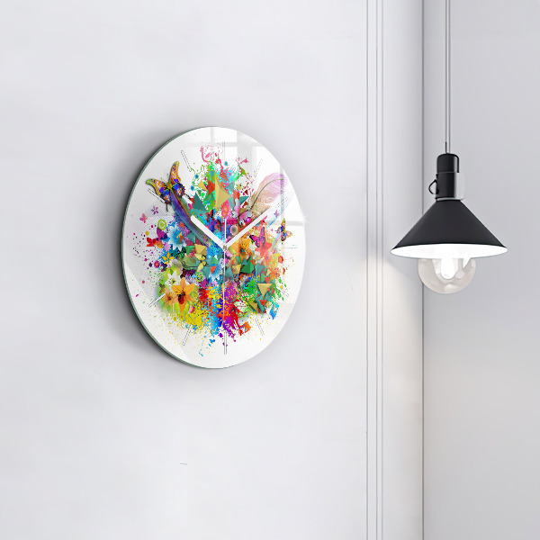 Round glass wall clock Floral harmony with butterflies