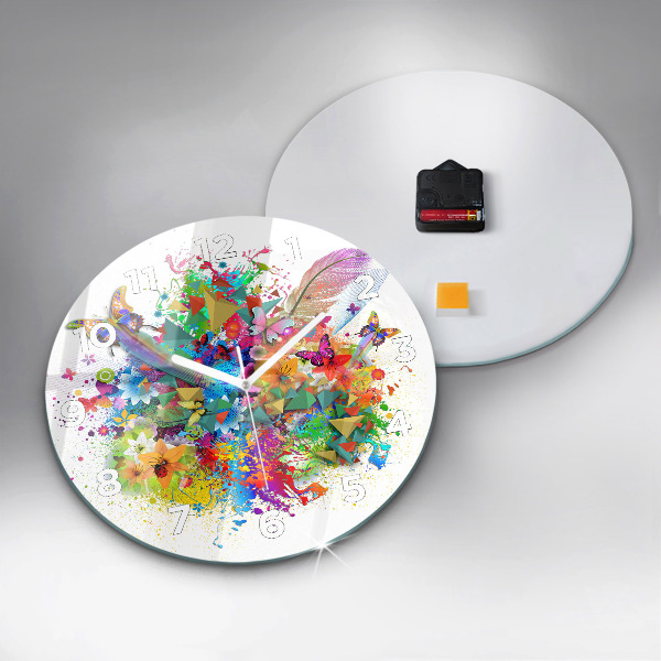 Round glass wall clock Floral harmony with butterflies
