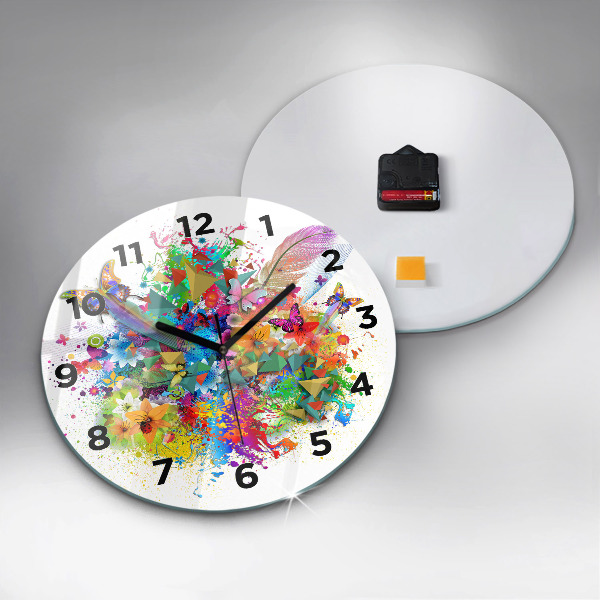 Round glass wall clock Floral harmony with butterflies